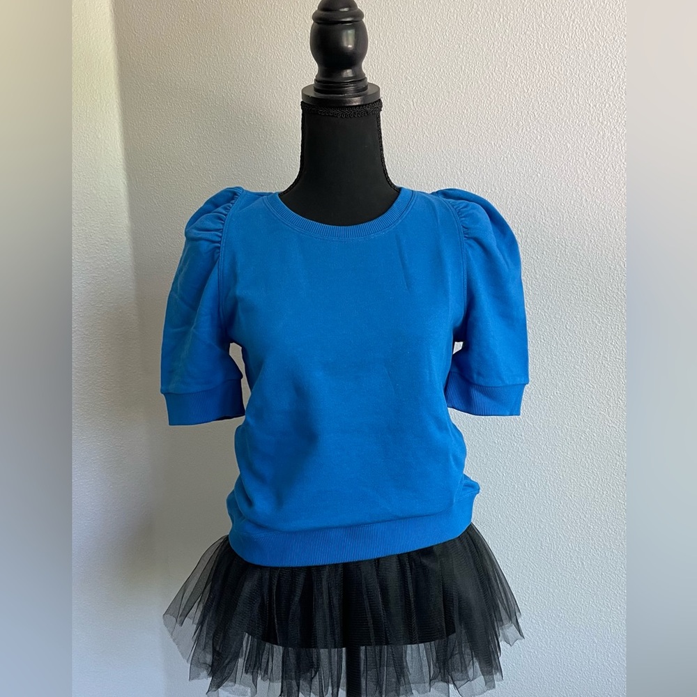 ME & EM blue short sleeve top, puffed sleeves, S 10 (US 6), NWT